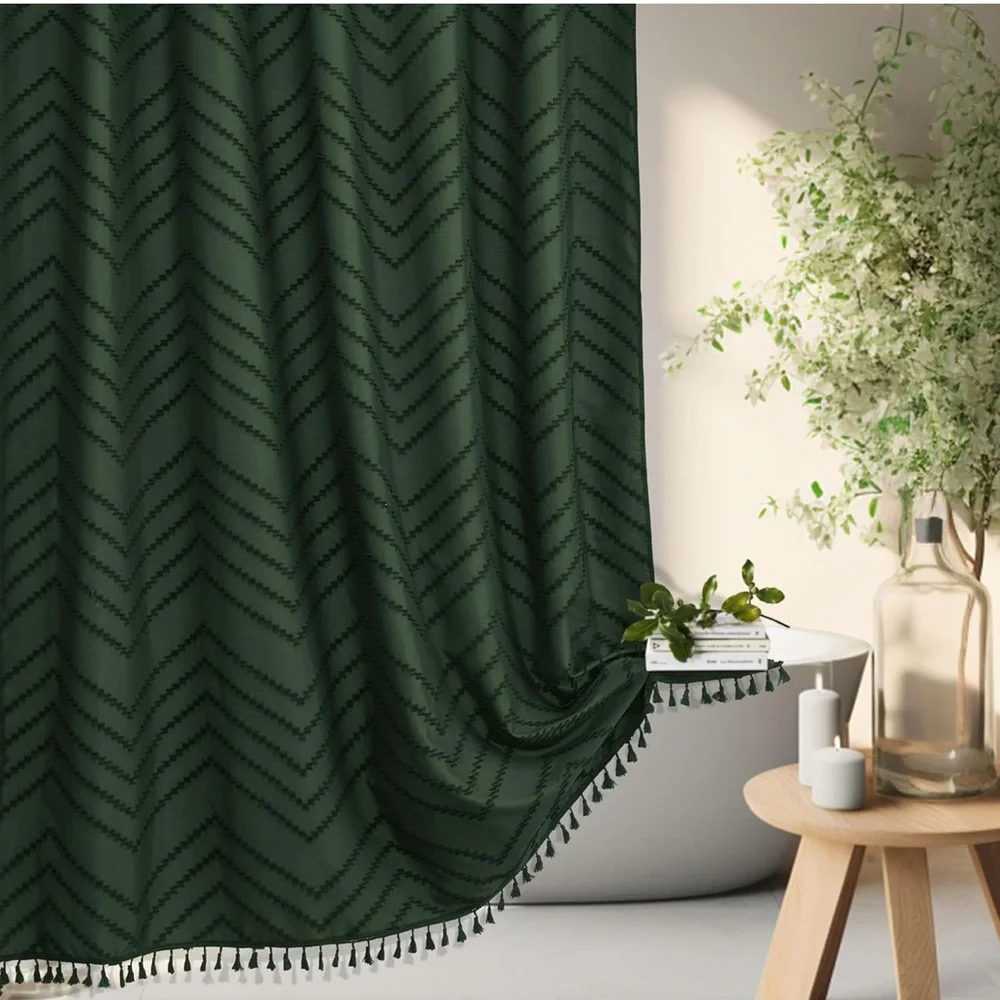 NWT Dark Green Boho Shower Curtain with Tassel Woven Fabric Farmhouse 72 x 72”